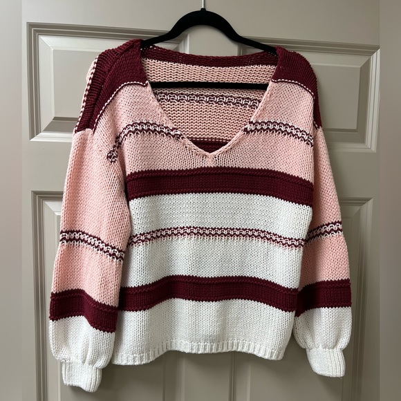 Size small super cute v neck pink and burgandy /white striped sweater. - Picture 1 of 4